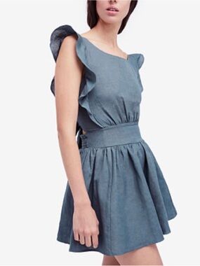 Free People Steel Blue Ruffle Sleeve Mini Dress